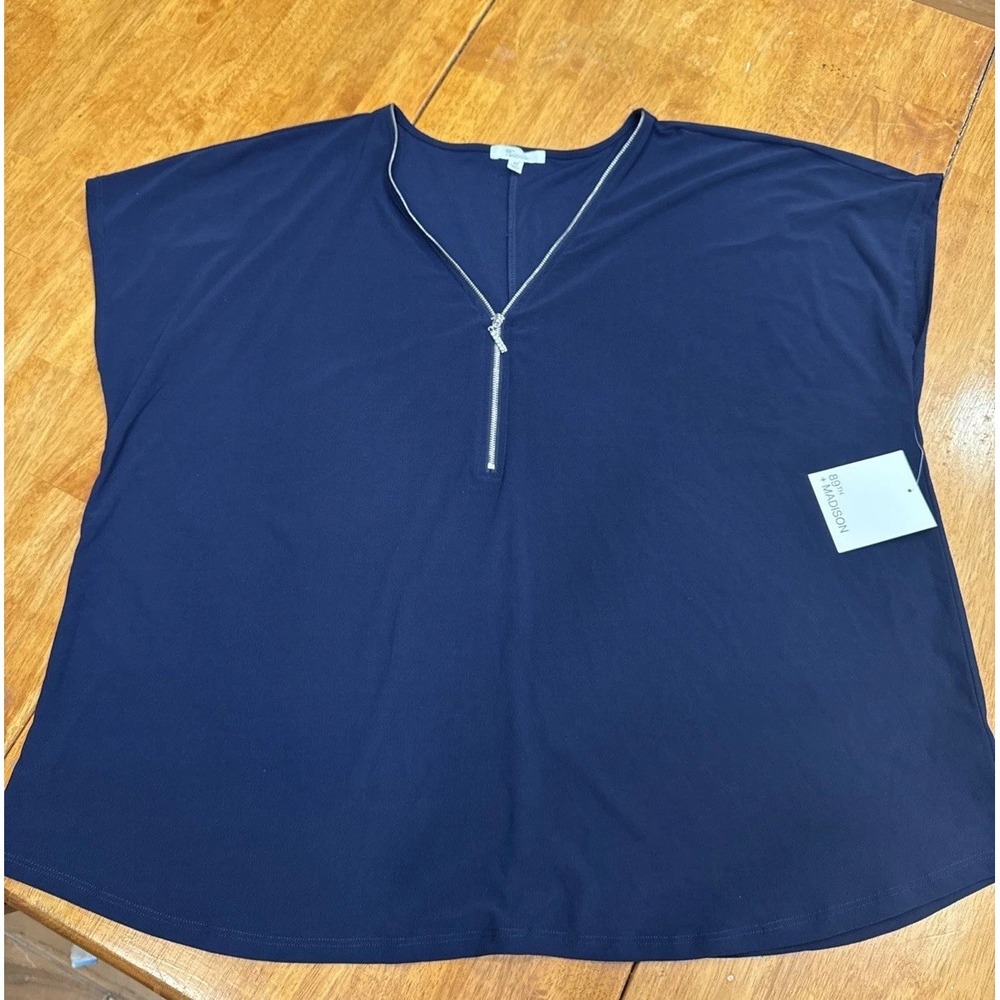 89th and madison NWT Blouse 2x Deep Navy Office Casual Zipper Detail Rhinestone